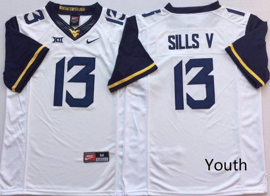 NCAA Youth West Virginia Mountaineers White #13 SILLS V jerseys->youth ncaa jersey->Youth Jersey